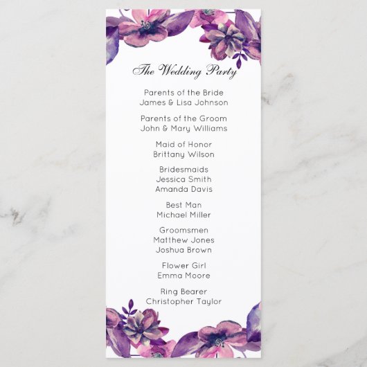 Romantisch huwelijksprogramma. Paarse bloemencerem Programma (Achterkant)
