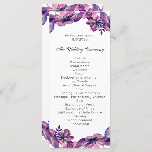 Romantisch huwelijksprogramma. Paarse bloemencerem Programma (Voorkant / Achterkant)