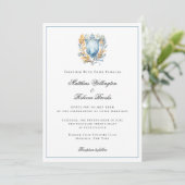 Romantisch Klassiek Blauw Crest Monogram Bruiloft Kaart (Staand voorkant)