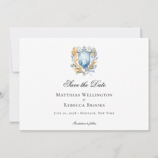 Romantisch Klassiek Blauw Crest Monogram Bruiloft Save The Date (Voorkant)
