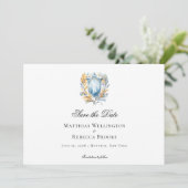 Romantisch Klassiek Blauw Crest Monogram Bruiloft Save The Date (Staand voorkant)