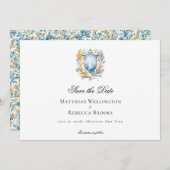 Romantisch Klassiek Blauw Crest Monogram Bruiloft Save The Date (Voorkant / Achterkant)