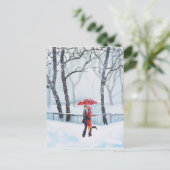 Romantisch koppel danst op sneeuwrode paraplu briefkaart (Staand voorkant)