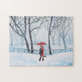 Romantisch koppel danst op sneeuwrode paraplu legpuzzel (Horizontaal)