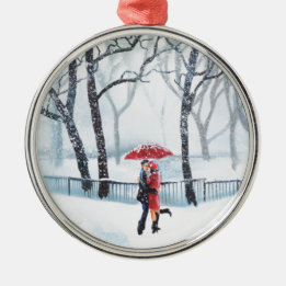 Romantisch koppel danst op sneeuwrode paraplu metalen ornament