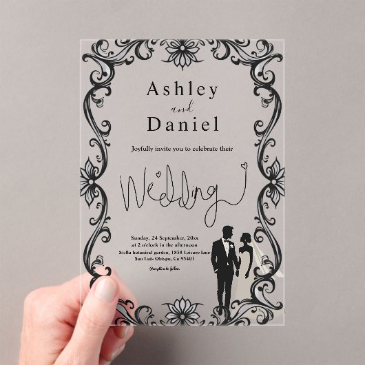 Romantisch koppel zwart-wit elegante bruiloft acryl uitnodigingen (Insitu (Draagbaar))