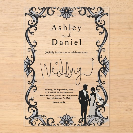 Romantisch koppel zwart-wit elegante bruiloft acryl uitnodigingen (Voorkant)