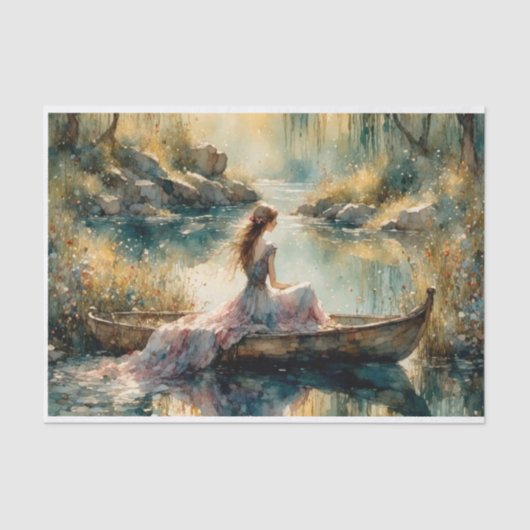 Romantisch Lake Girl in houten boot decoupage Tissuepapier (Voorkant)