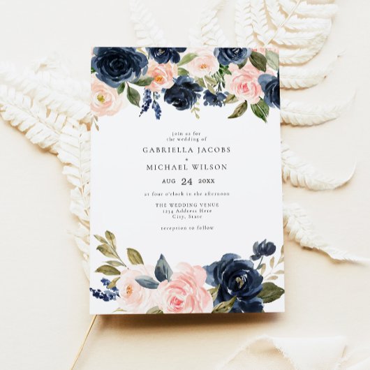 Romantisch & Lief Navy Blush Bloementuin Bruiloft Kaart
