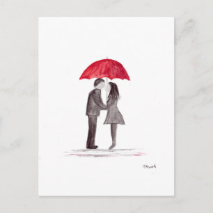 Romantisch liefdeskoppel met rode paraplu-waterver briefkaart