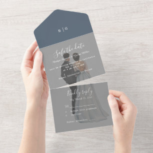 romantisch lila paar foto bruiloft veilig de datum all in one uitnodiging