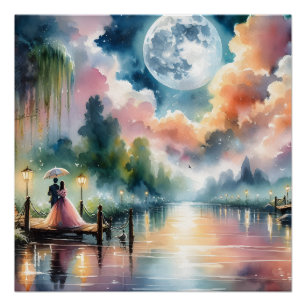 Romantisch maanlicht waterverf nachtscene perfect poster