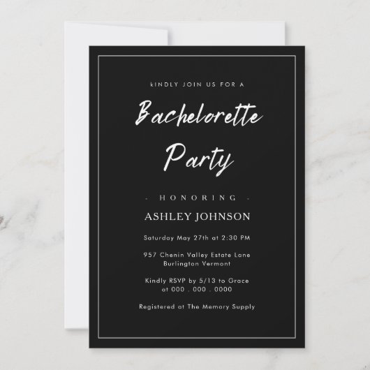 Romantisch Minimaal Script Zwart Bachelorette Part Kaart (Voorkant)