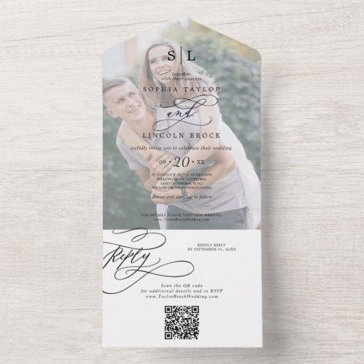 Romantisch Monogram Foto QR Code Bruiloft All In One Uitnodiging (Binnen)