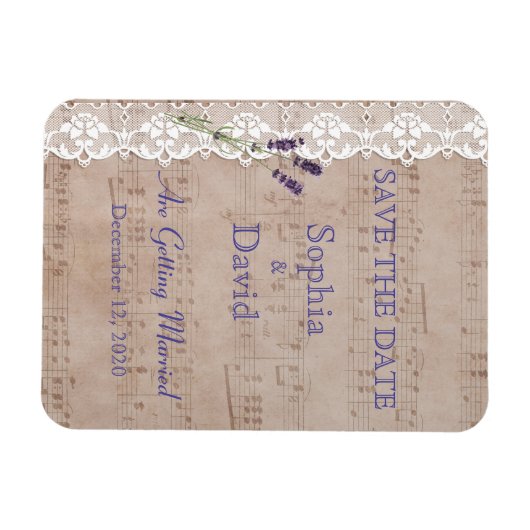 Romantisch muziekblad Lavendel SAVE THE DATE Magneet (Horizontaal)