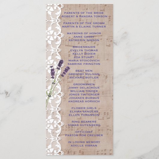 Romantisch muziekblad lavendelprogramma op maat programma (Achterkant)