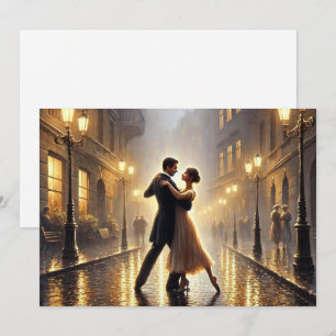 Romantisch paar dat in de regen danst feestdagenkaart