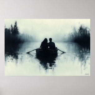 Romantisch Paar dat Roeit in een Nevelig Meer Mini Poster