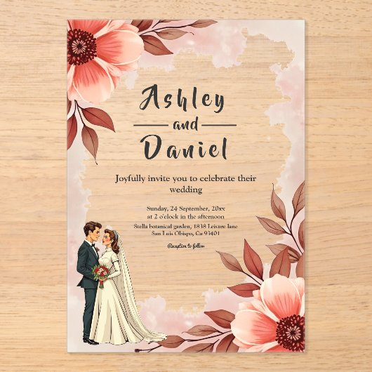 Romantisch paar Dusty Waterverf Bloemenbruiloft Acryl Uitnodigingen (Voorkant)