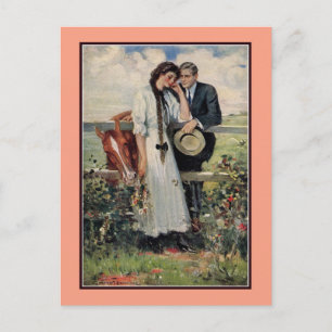 Romantisch paar en paardenschilderij briefkaart