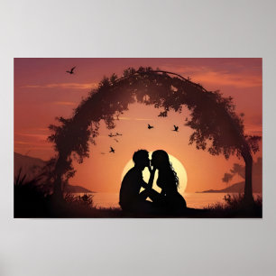 Romantisch paar in zonsondergang poster