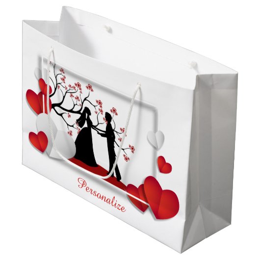 Romantisch paar silhouet rode harten personalisere groot cadeauzakje (Voorkant Gekanteld)