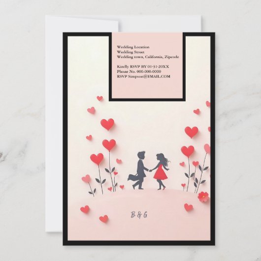 Romantisch paar Silhouette rode harten bruiloft Kaart (Achterkant)