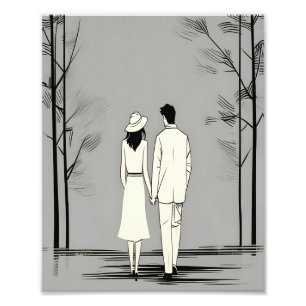 Romantisch paar wandelen minimalistische lijnkunst foto afdruk