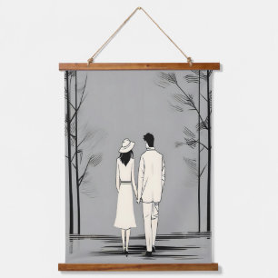 Romantisch paar wandelen minimalistische lijnkunst hangend wandkleed