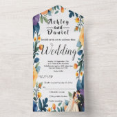 Romantisch paar Waterverf Bloemen Zomer Huwelijk All In One Uitnodiging (Binnen)