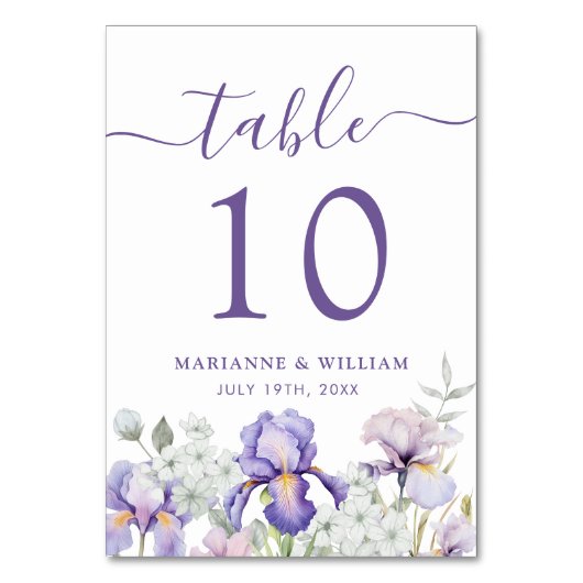 Romantisch Paarse Iris Bloem Bruidstaal Tafelnumme Kaart (Voorkant)