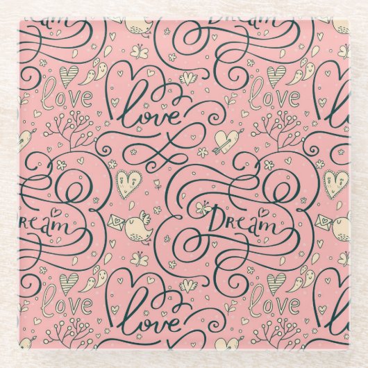 Romantisch patroon met hart en vogels glazen onderzetter (Voorkant)