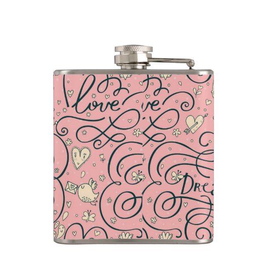 Romantisch patroon met hart en vogels heupfles (Achterkant)