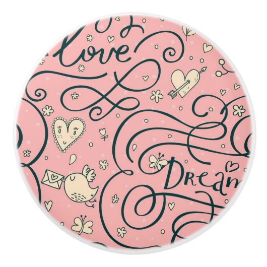 Romantisch patroon met hart en vogels keramische knop (Voorkant)