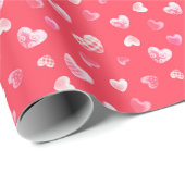 Romantisch patroon van witte harten op koraalrood cadeaupapier (Rol Hoek)