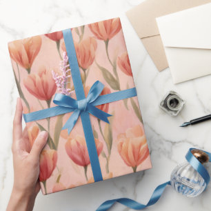 Romantisch Perzik Koraal Tulp Aquarel Patroon Cadeaupapier