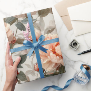 Romantisch perzik pioen ivoor bloempatroon cadeaupapier