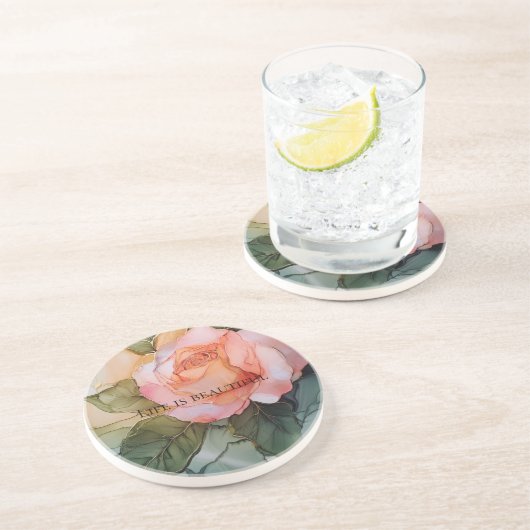 Romantisch Perzik Roos Floral Vrijgezellenfeest Zandsteen Onderzetter (Zijkant)