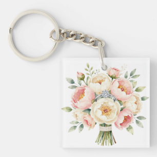 Romantisch pioenboeket met diamanten ring sleutelhanger