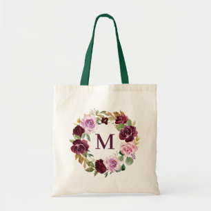 Romantisch Plum Waterverf Bloemenkrans Monogram Tote Bag