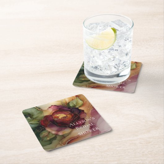 Romantisch rood Bourgondië Roos Gouden Bloemen Huw Vierkante Kartonnen Onderzetter (Insitu)