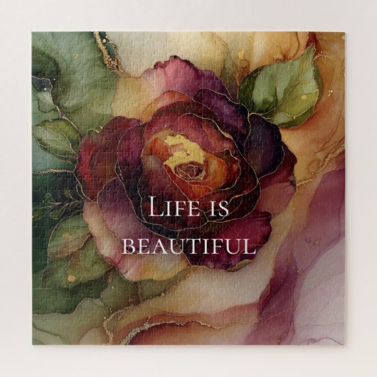 Romantisch rood Bourgondisch Roos Gouden Bloemen Legpuzzel (Verticaal)