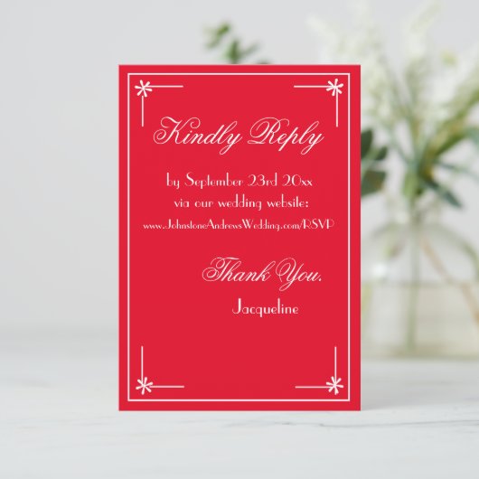 Romantisch rood chic script bruiloft website RSVP Informatiekaartje (Staand voorkant)