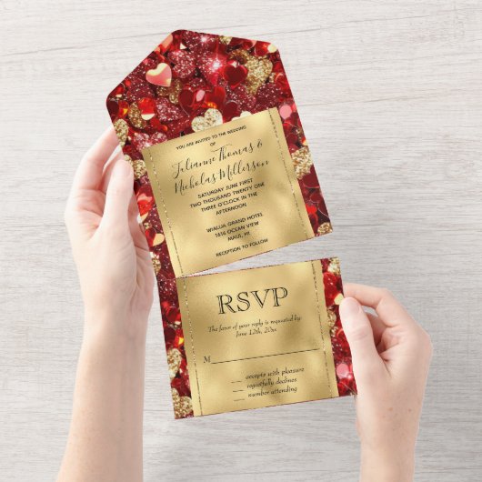 Romantisch Rood Goud Glitzy Hearts Wedding All In One Uitnodiging (Afscheurbaar)