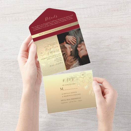 Romantisch Rood Goud Huwelijk All In One Uitnodiging (Afscheurbaar)