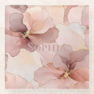 Romantisch Roos Blush Roze Goud Bloemen Glazen Onderzetter