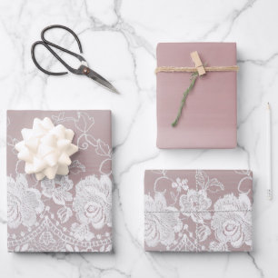 Romantisch Roos Blush Roze Witte Kant Bloemen Huwe Inpakpapier Vel