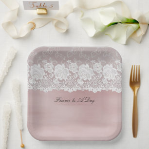 Romantisch Roos Blush Roze Witte Kant Bloemen Huwe Papieren Bordje