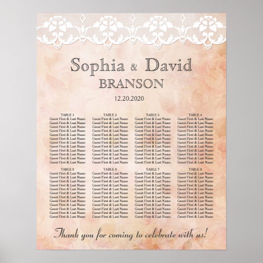 Romantisch Roos- en Lace Wedding Seating Chart Poster (Voorkant)