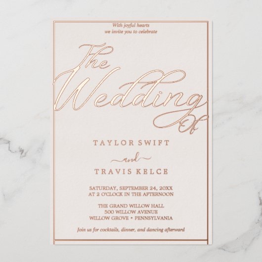 Romantisch Roos Gold Folie & Blush Lijst Wedding Folie Uitnodiging (Voorkant)